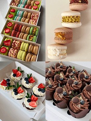Macarons, Cupcakes und Desserts im Glas in Boxen aus der Konditorei Katrin Cake