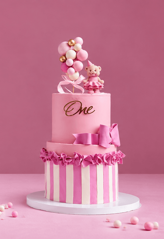 Rosa Motivtorte mit Streifen und Blumen auf rosa Hintergrund – Geburtstagstorte von Katrin Cake